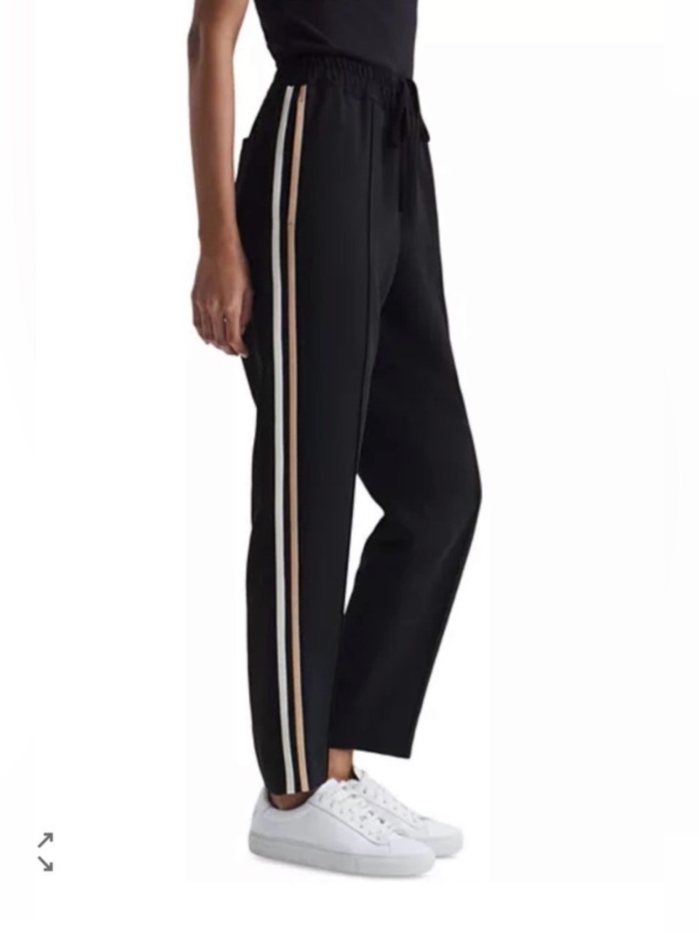 Reiss Women’s Black Track Pants with white and beige stripe. Size 4
